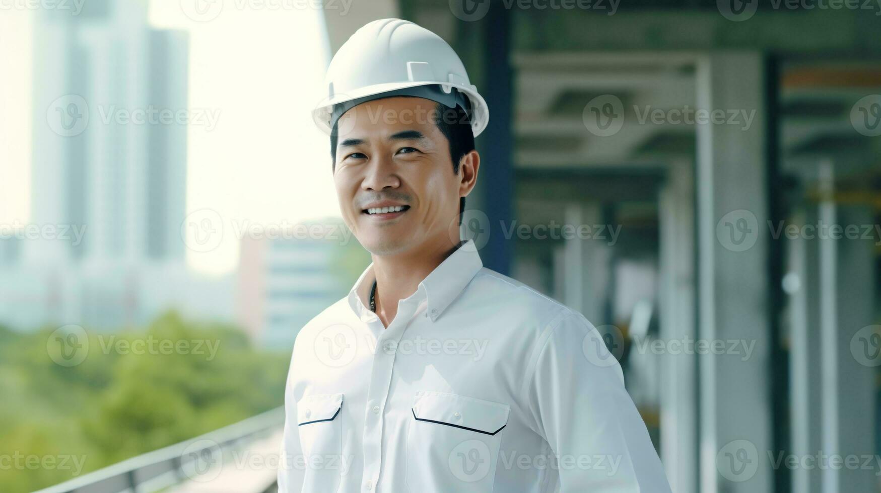 ai generado retrato de asiático ingeniero o arquitecto en construcción sitio con edificio antecedentes foto