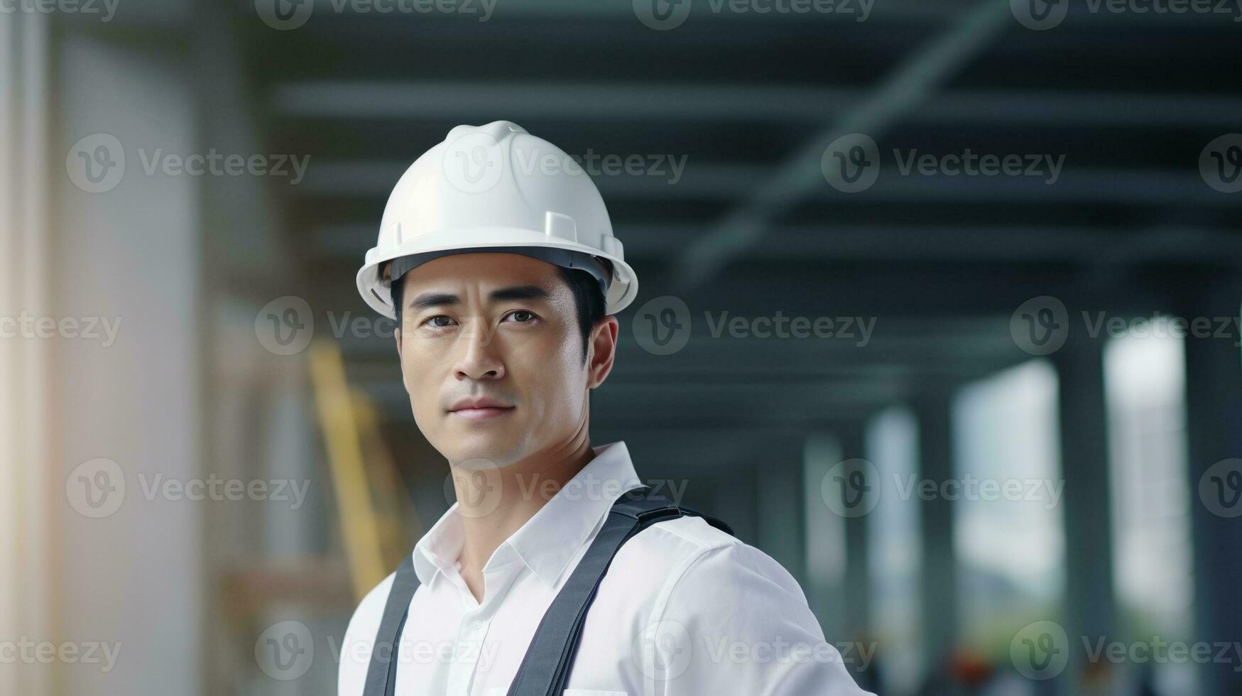 AI generated Portrait of Asian engineer or architect on construction site with building background photo