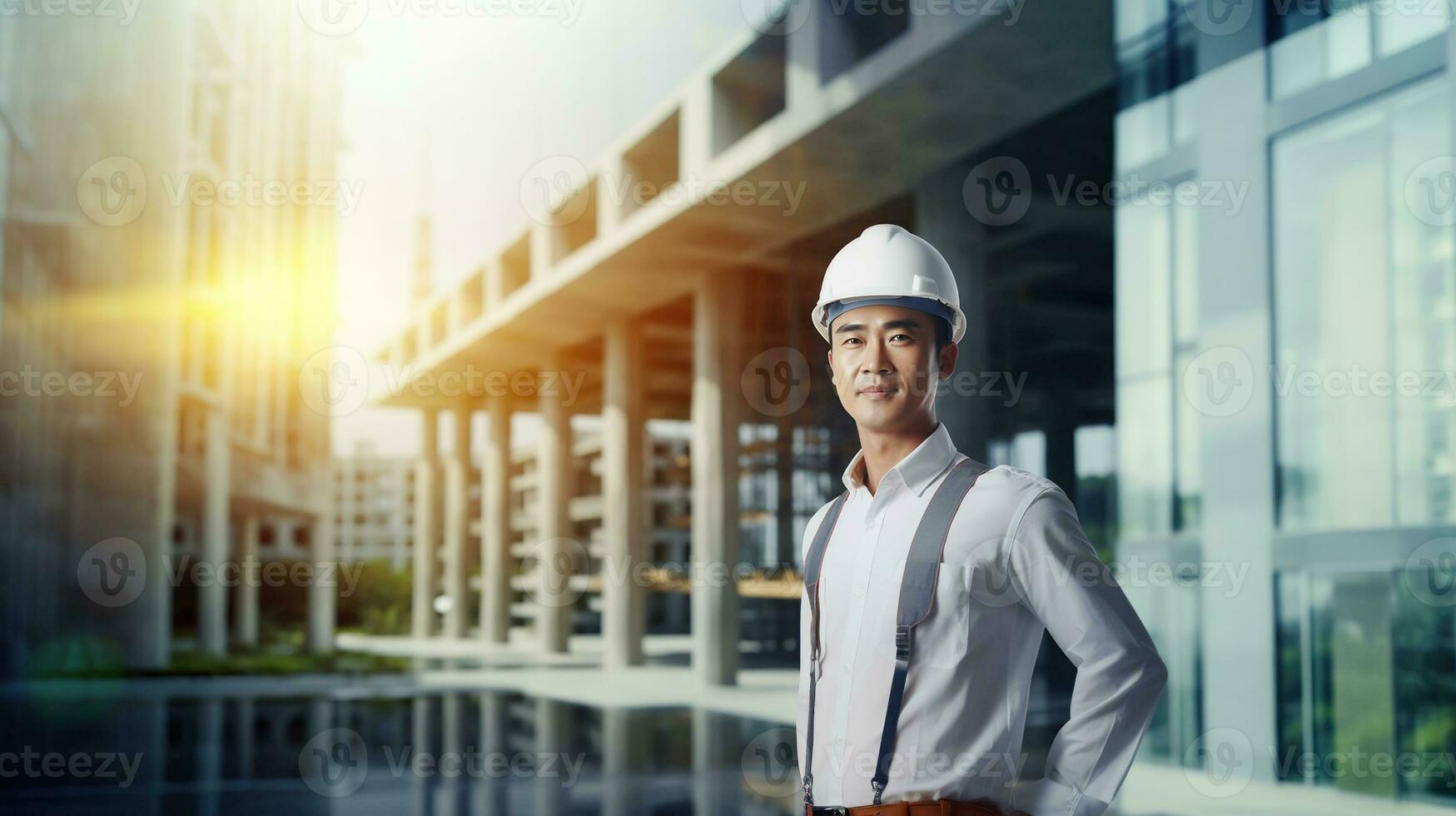 ai generado retrato de asiático ingeniero o arquitecto en construcción sitio con edificio antecedentes foto