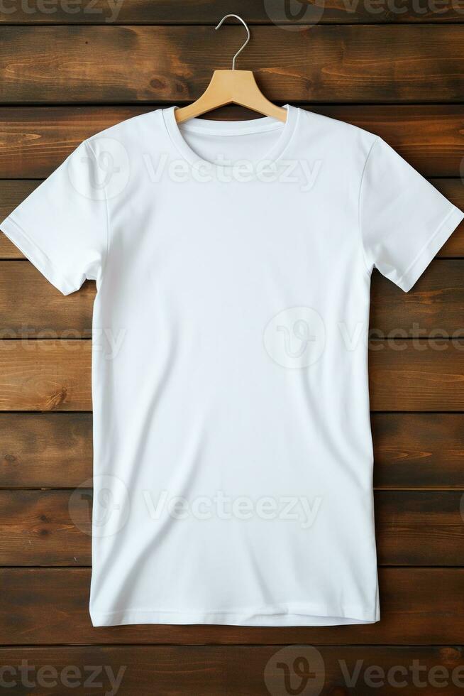 AI generated White t-shirt on wooden background, top view. Mockup for design photo