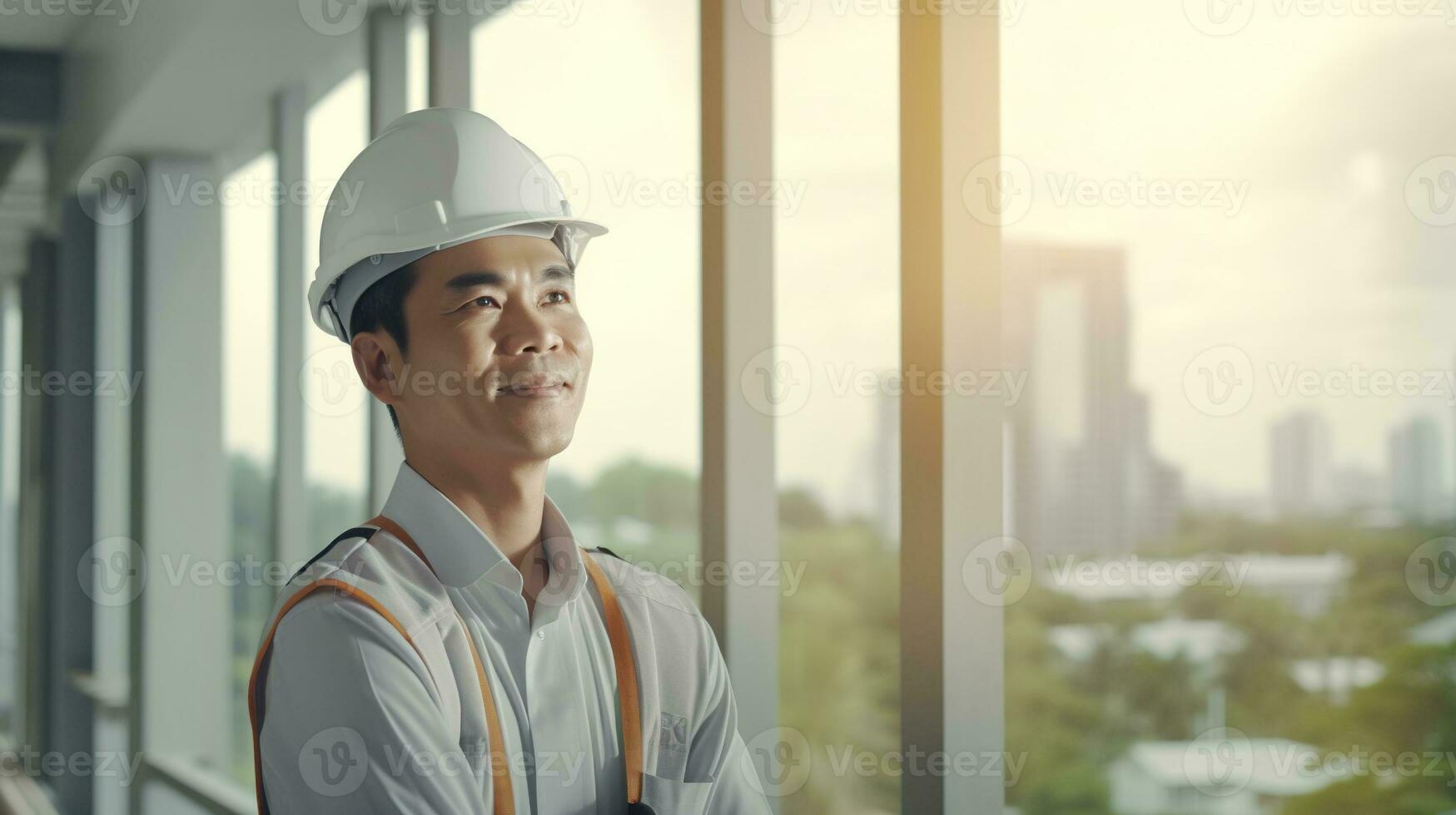 ai generado retrato de asiático ingeniero o arquitecto en construcción sitio con edificio antecedentes foto