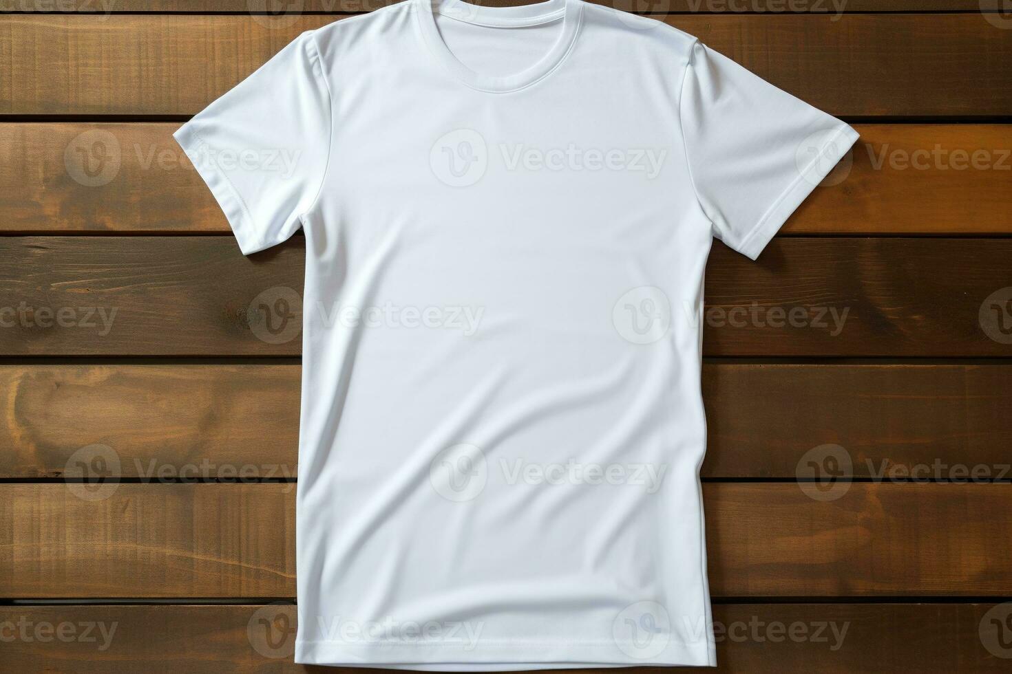 AI generated White t-shirt on wooden background, top view. Mockup for design photo