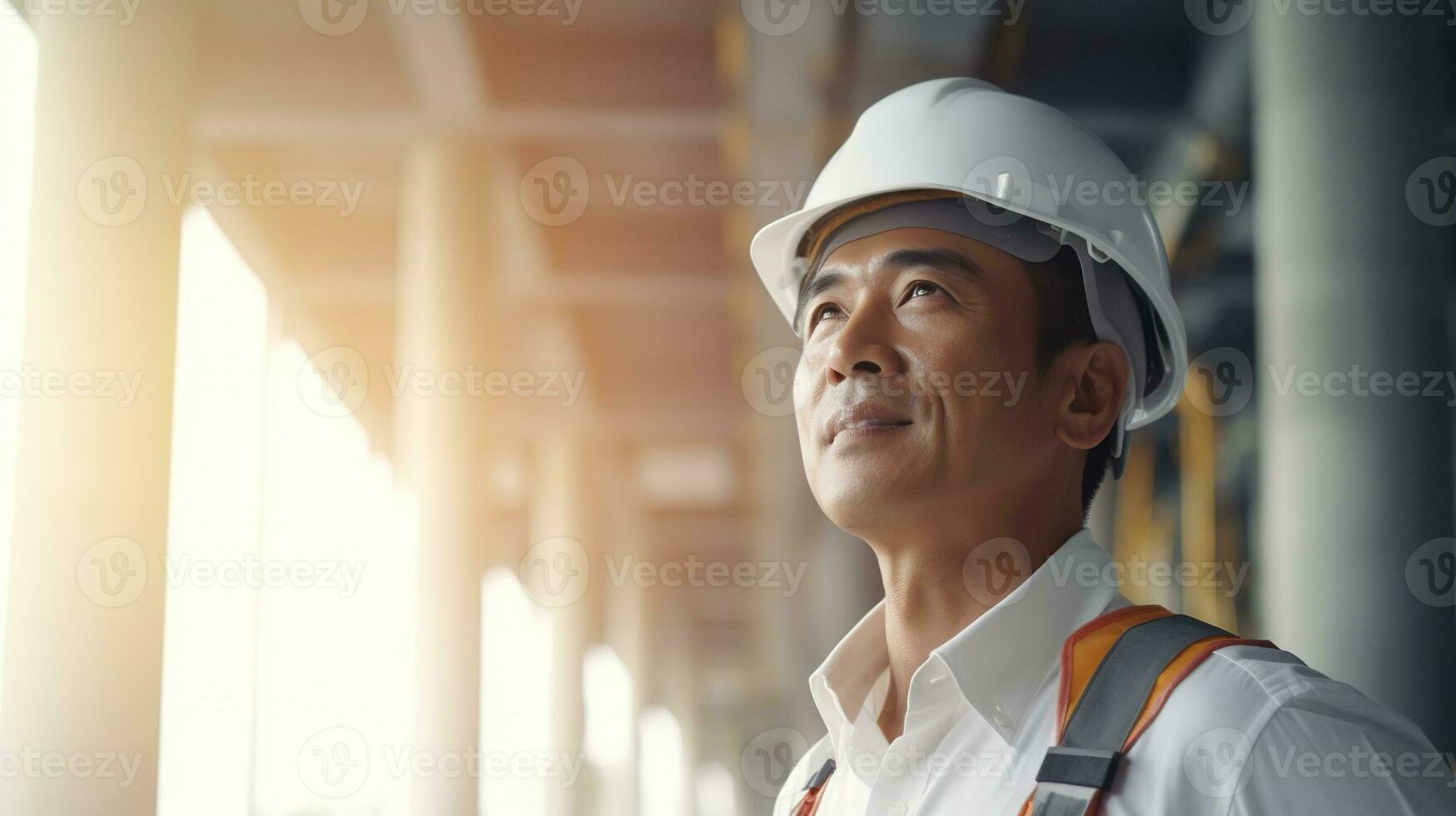 AI generated Portrait of Asian engineer or architect on construction site with building background photo