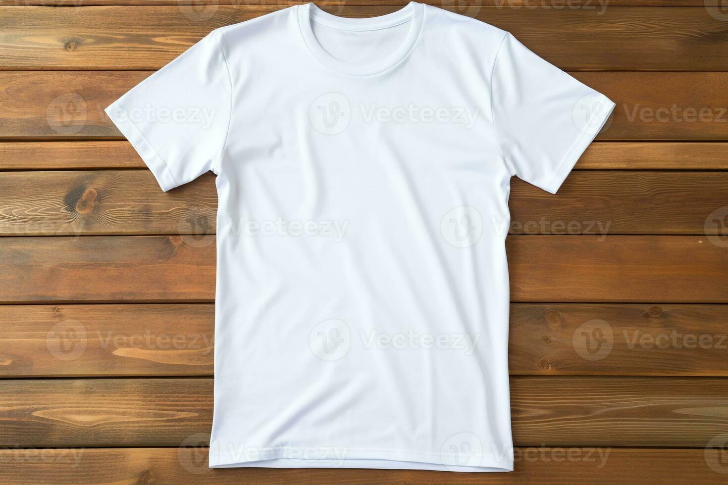 ai generado blanco camiseta en de madera fondo, parte superior vista. Bosquejo para diseño foto