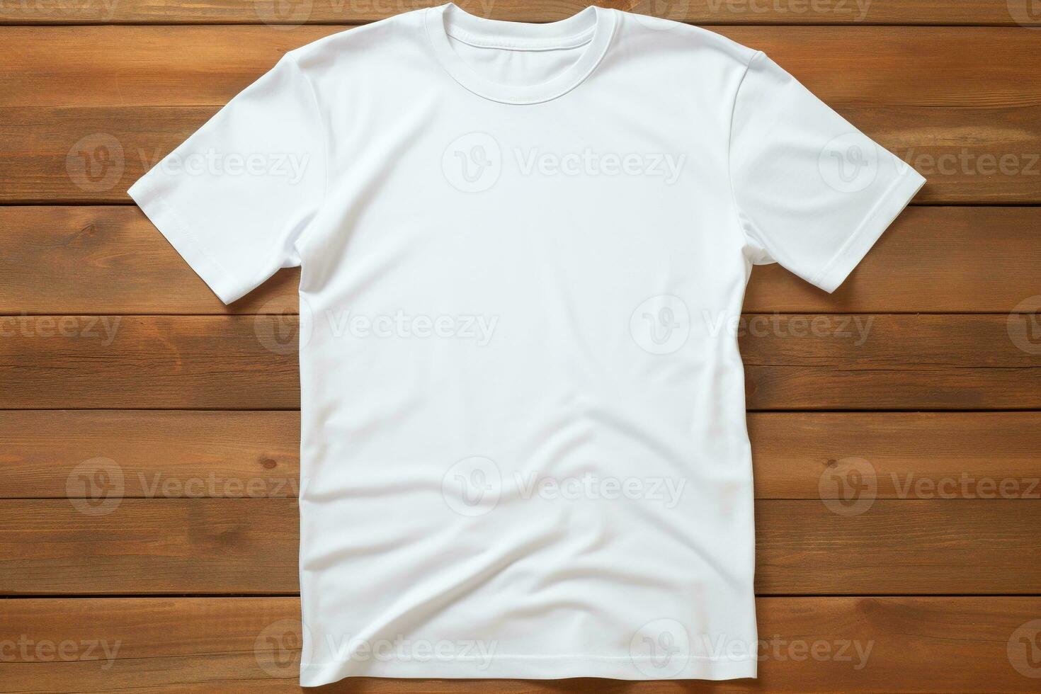 AI generated White t-shirt on wooden background, top view. Mockup for design photo