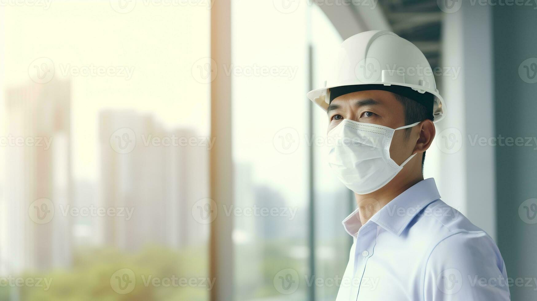AI generated Portrait of Asian engineer or architect on construction site with building background photo