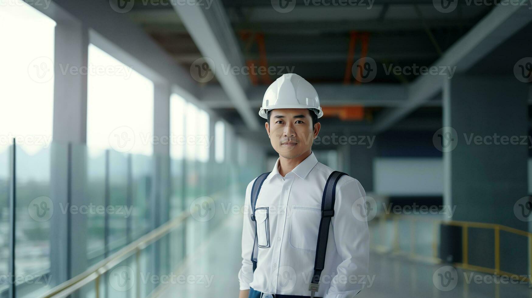 ai generado retrato de asiático ingeniero o arquitecto en construcción sitio con edificio antecedentes foto