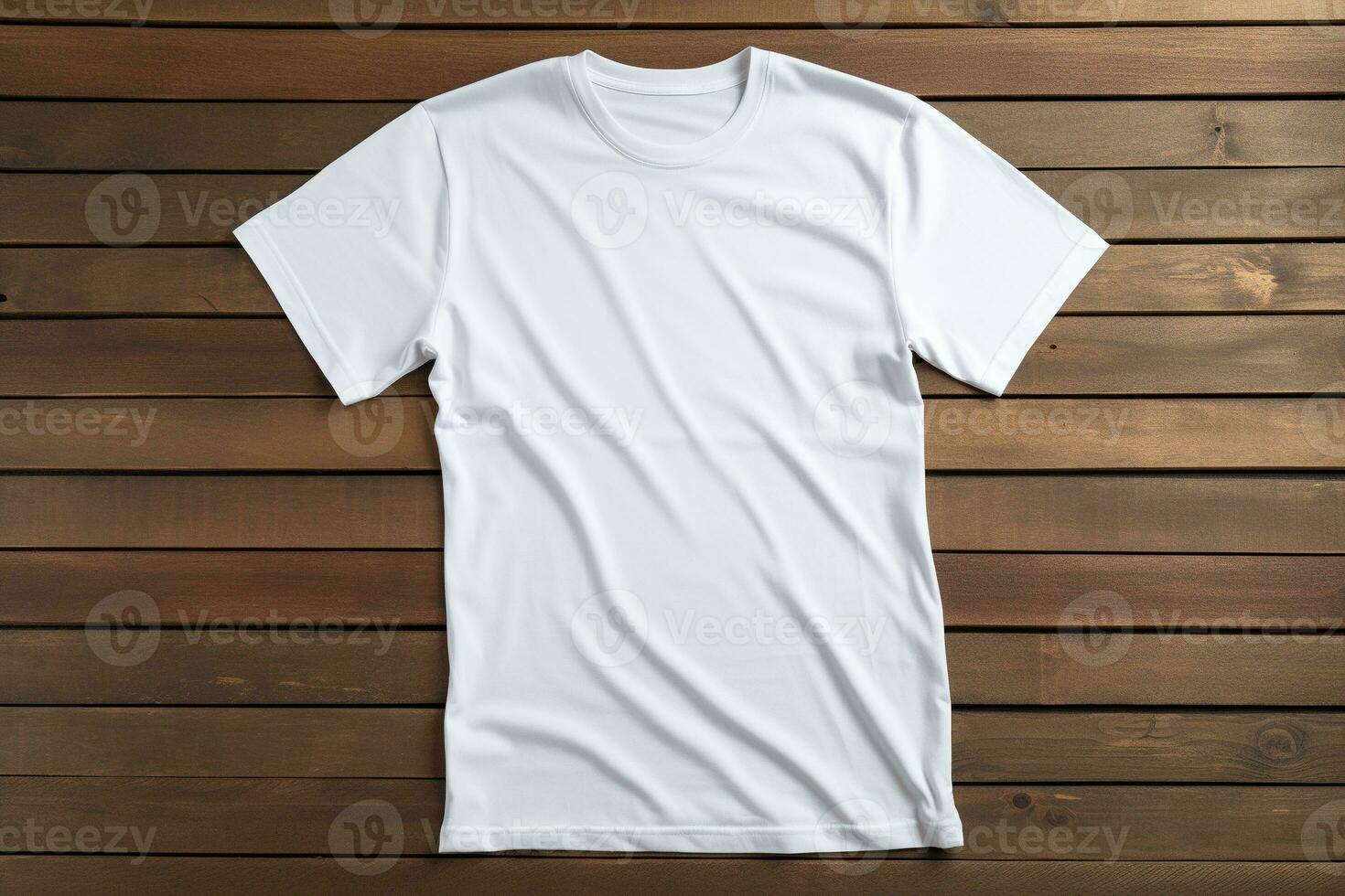 AI generated White t-shirt on wooden background, top view. Mockup for design photo