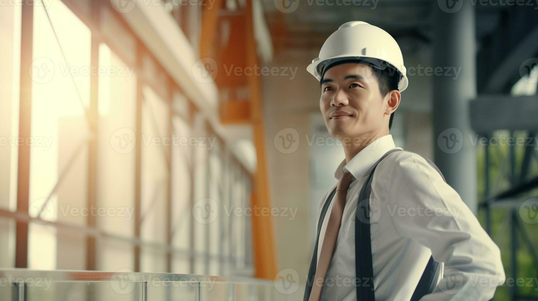 AI generated Portrait of Asian engineer or architect on construction site with building background photo