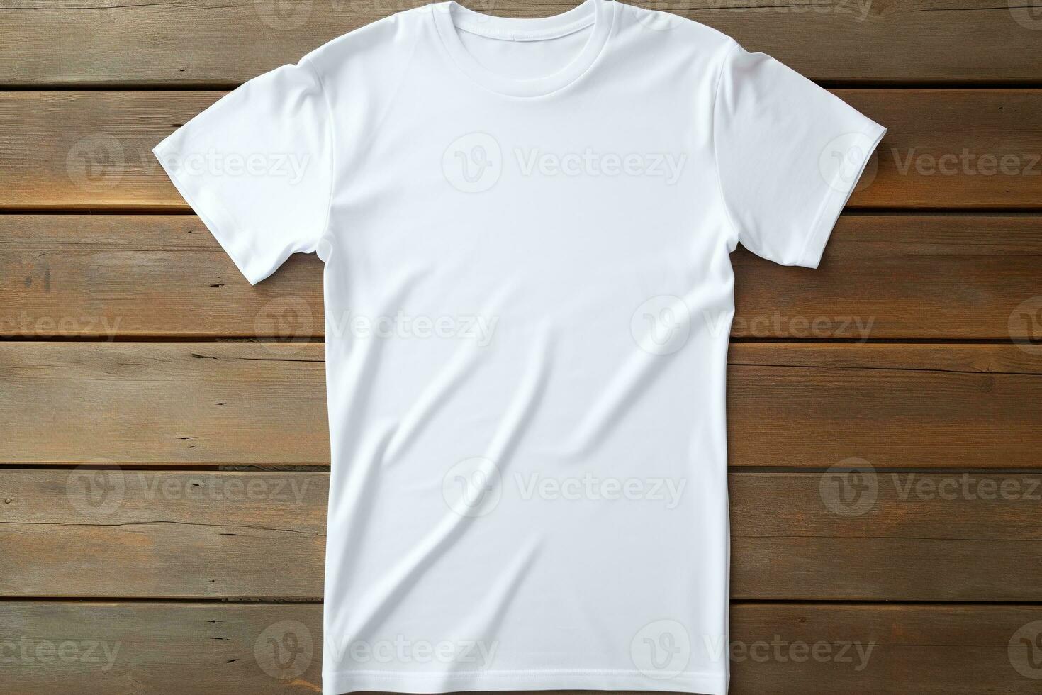 AI generated White t-shirt on wooden background, top view. Mockup for design photo