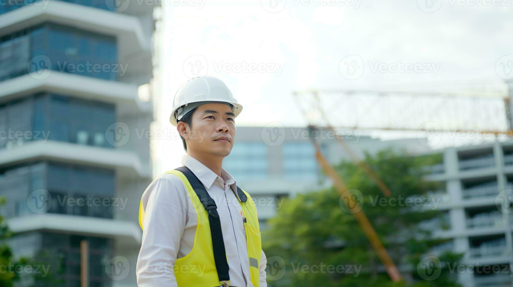 ai generado retrato de asiático ingeniero o arquitecto en construcción sitio con edificio antecedentes foto