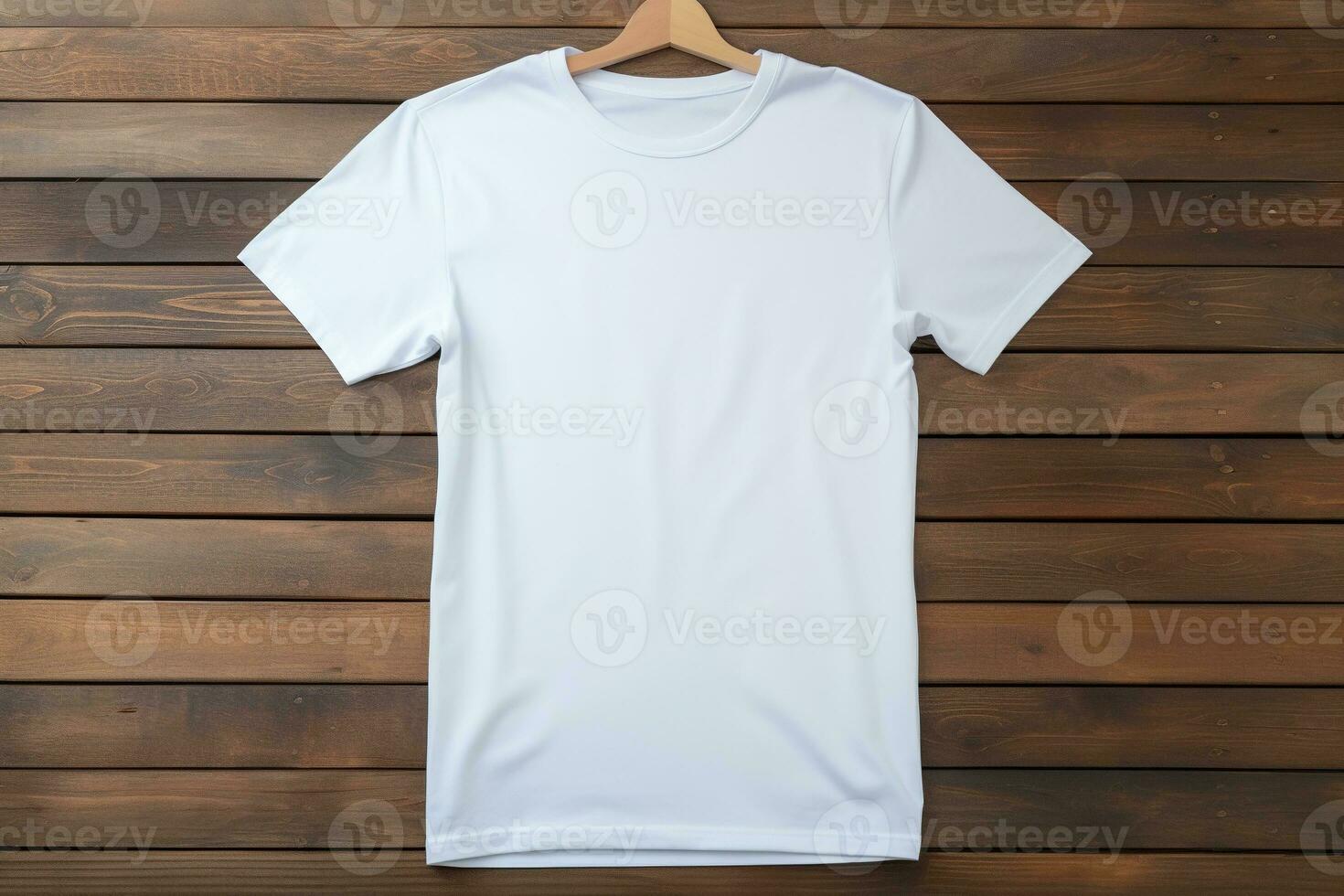 AI generated White t-shirt on wooden background, top view. Mockup for design photo