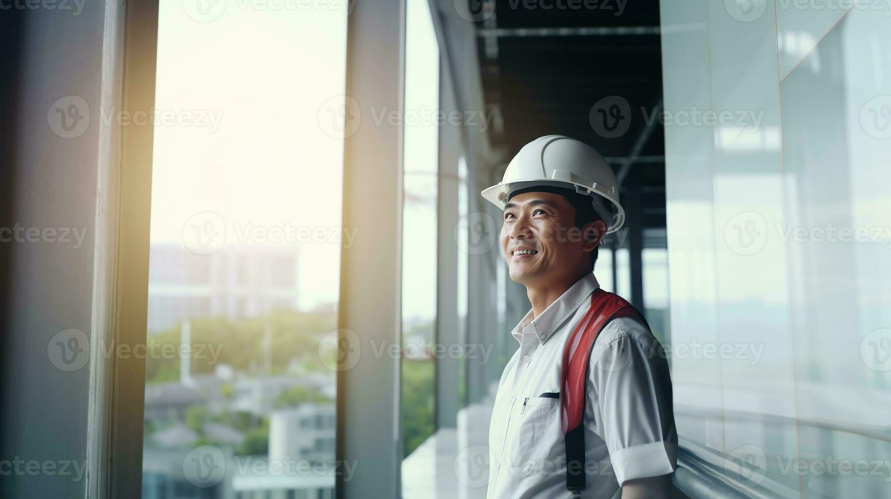 AI generated Portrait of Asian engineer or architect on construction site with building background photo