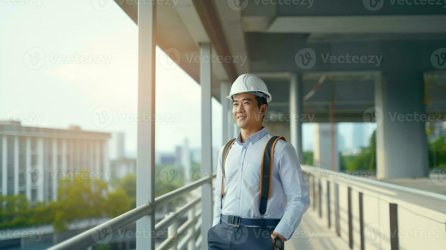 AI generated Portrait of Asian engineer or architect on construction site with building background photo