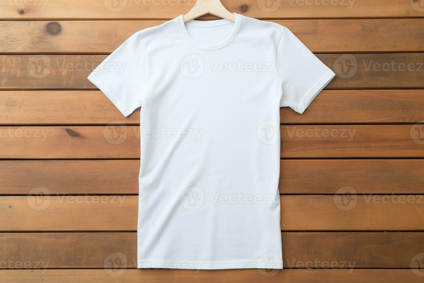 AI generated White t-shirt on wooden background, top view. Mockup for design photo