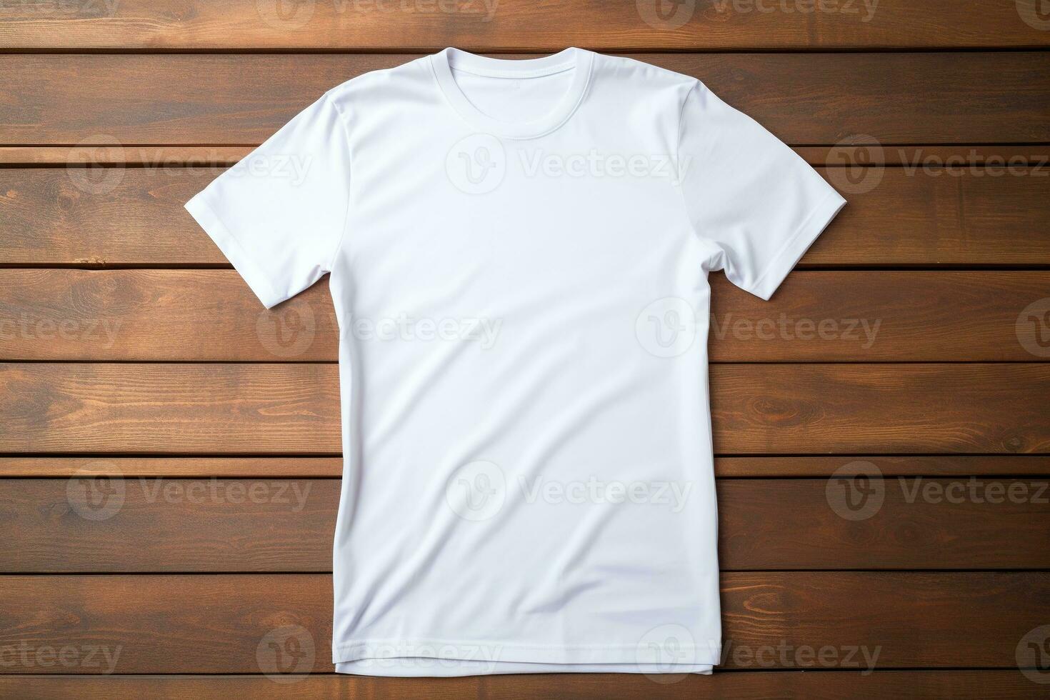 AI generated White t-shirt on wooden background, top view. Mockup for design photo