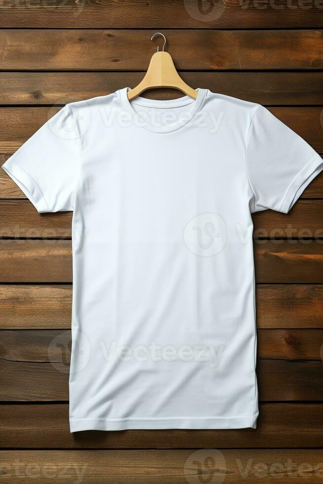 AI generated White t-shirt on wooden background, top view. Mockup for design photo