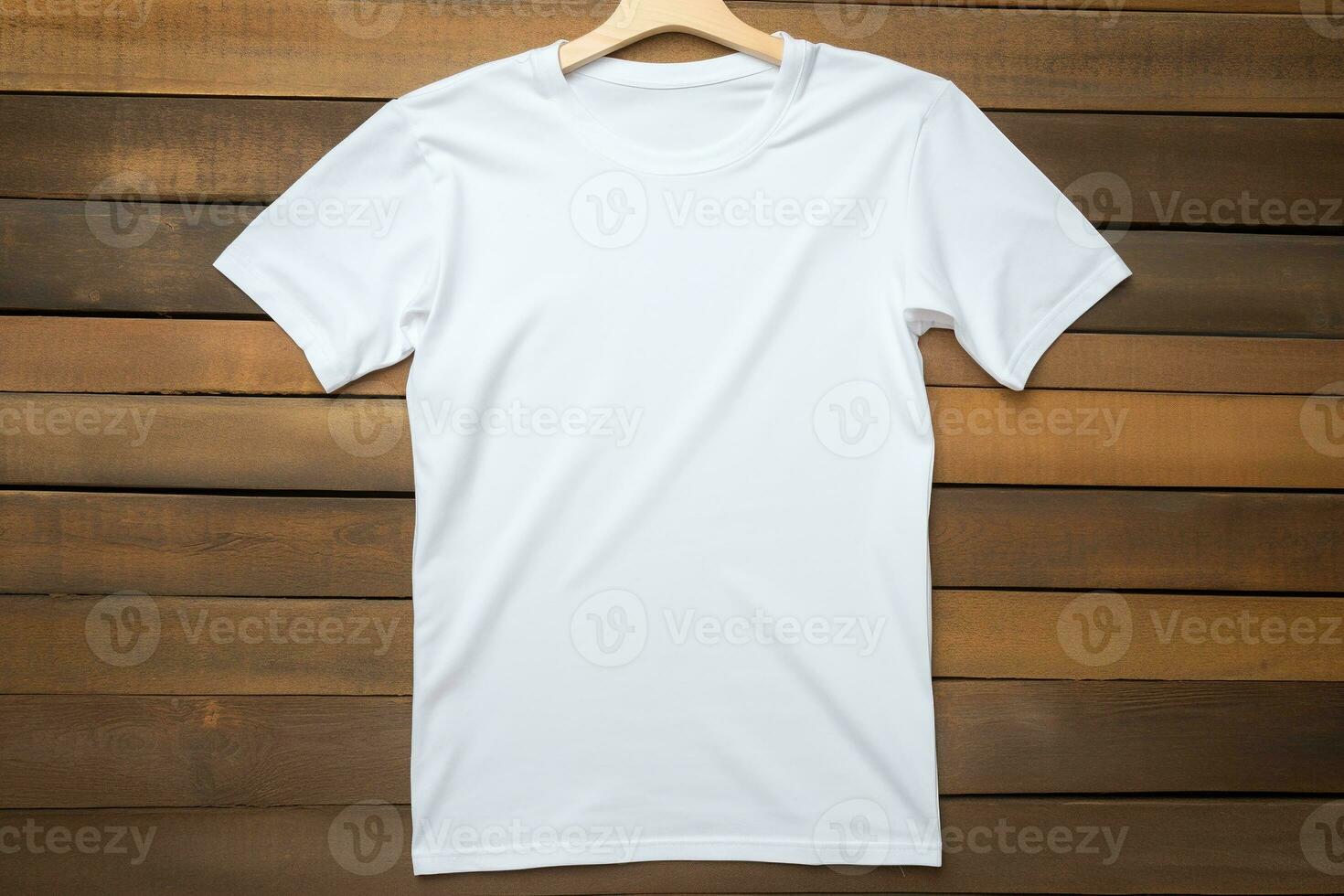 AI generated White t-shirt on wooden background, top view. Mockup for design photo