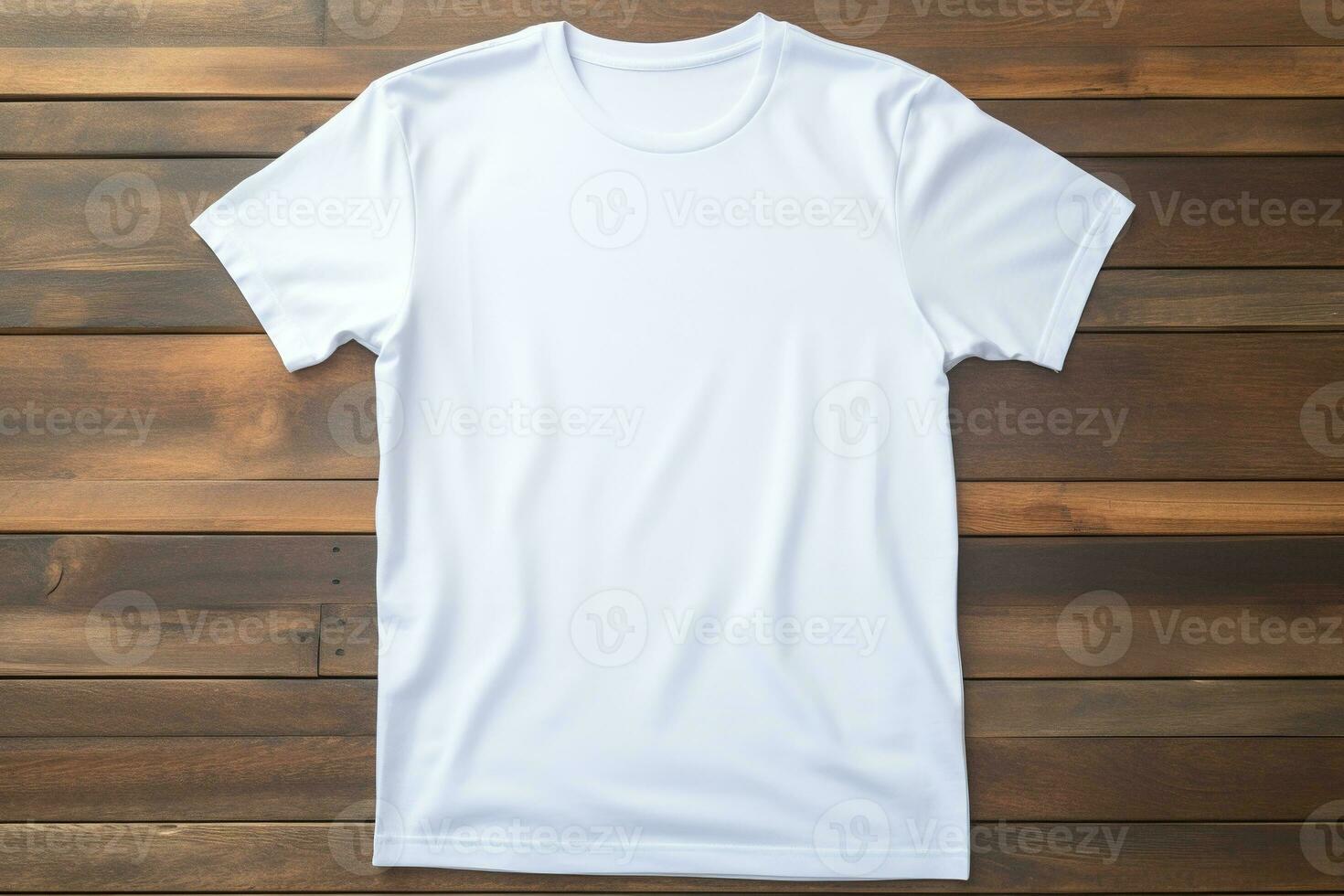 ai generado blanco camiseta en de madera fondo, parte superior vista. Bosquejo para diseño foto