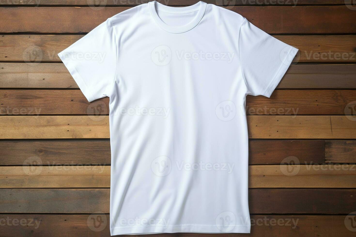 AI generated White t-shirt on wooden background, top view. Mockup for design photo