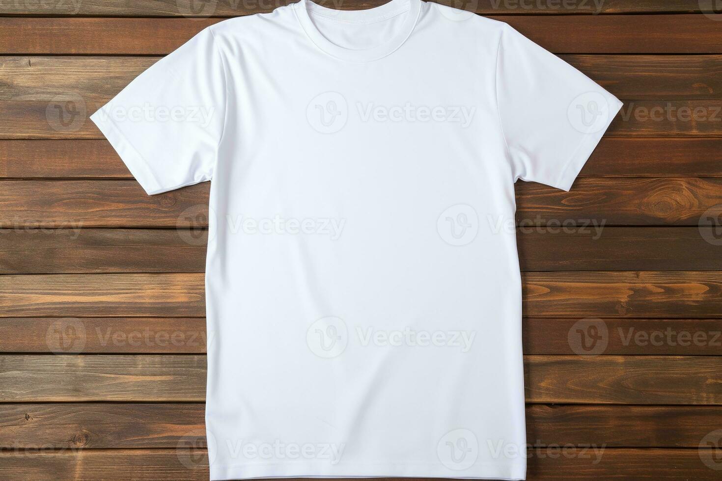 AI generated White t-shirt on wooden background, top view. Mockup for design photo