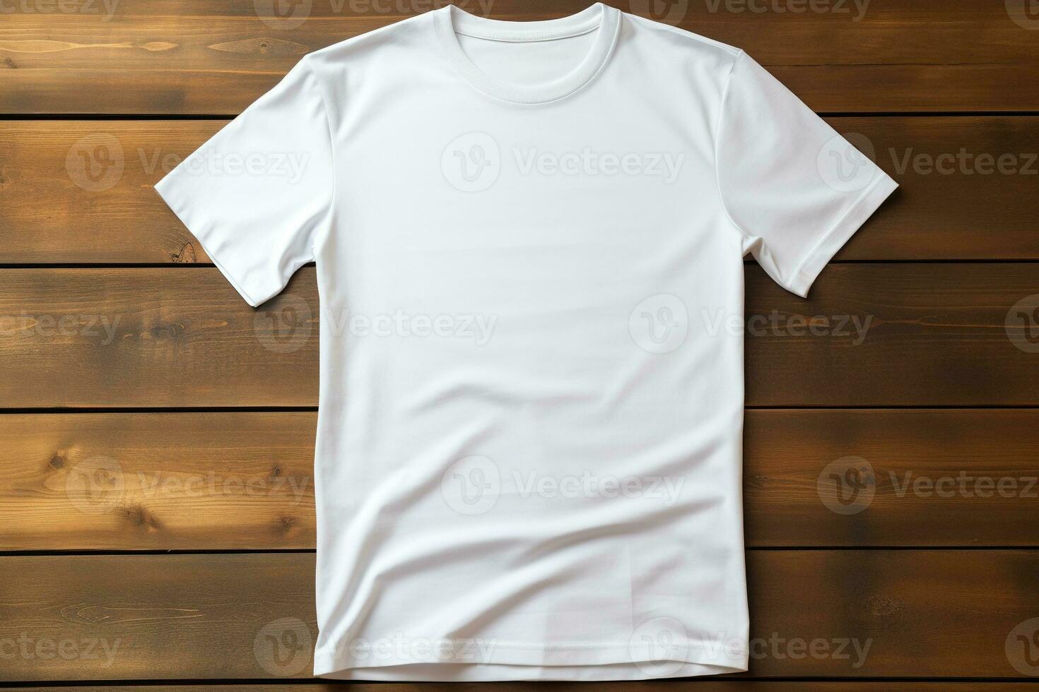 AI generated White t-shirt on wooden background, top view. Mockup for design photo