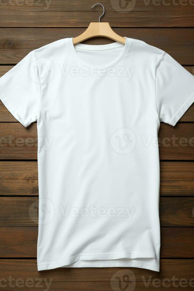 AI generated White t-shirt on wooden background, top view. Mockup for design photo