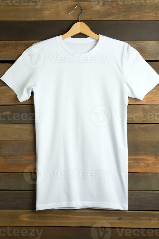 AI generated White t-shirt on wooden background, top view. Mockup for design photo