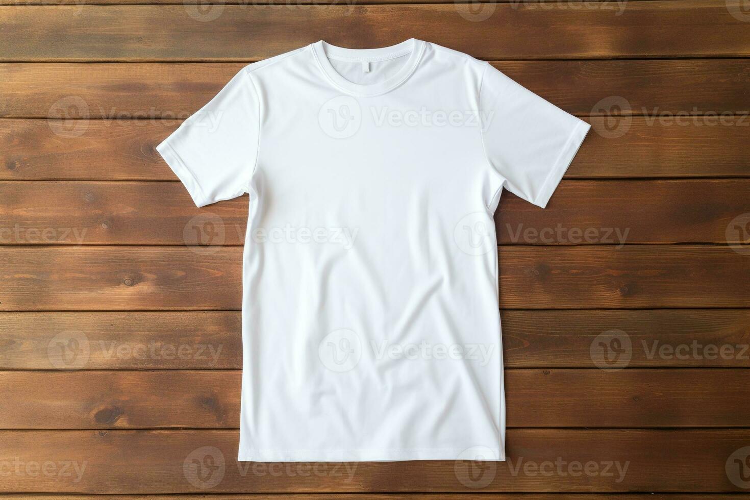AI generated White t-shirt on wooden background, top view. Mockup for design photo
