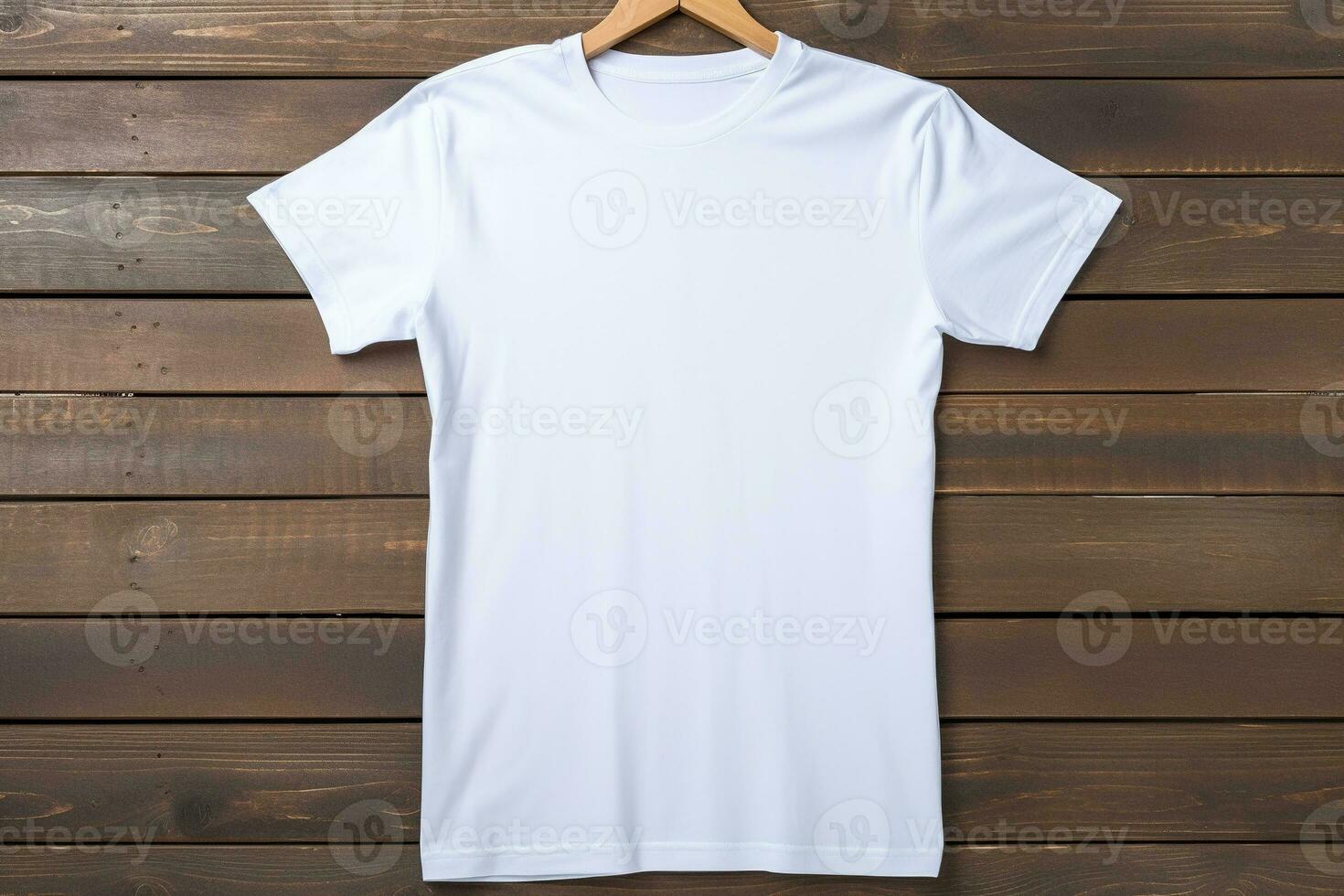 ai generado blanco camiseta en de madera fondo, parte superior vista. Bosquejo para diseño foto