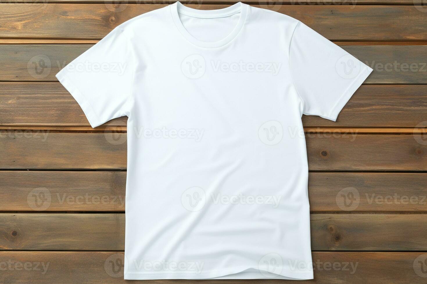 ai generado blanco camiseta en de madera fondo, parte superior vista. Bosquejo para diseño foto