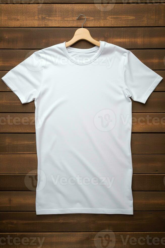 ai generado blanco camiseta en de madera fondo, parte superior vista. Bosquejo para diseño foto