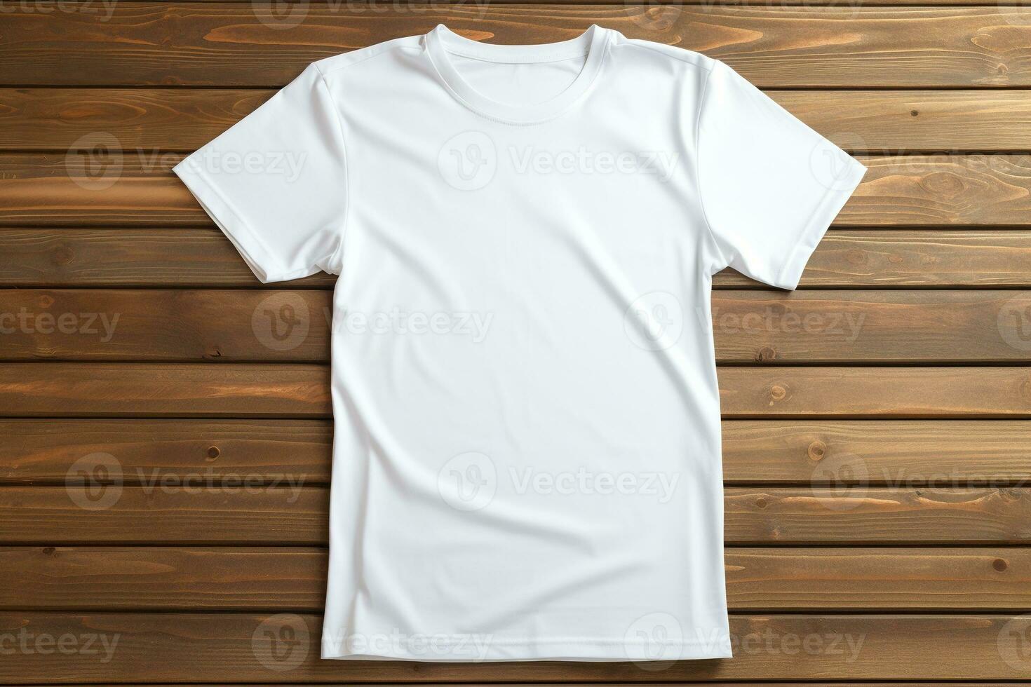 AI generated White t-shirt on wooden background, top view. Mockup for design photo