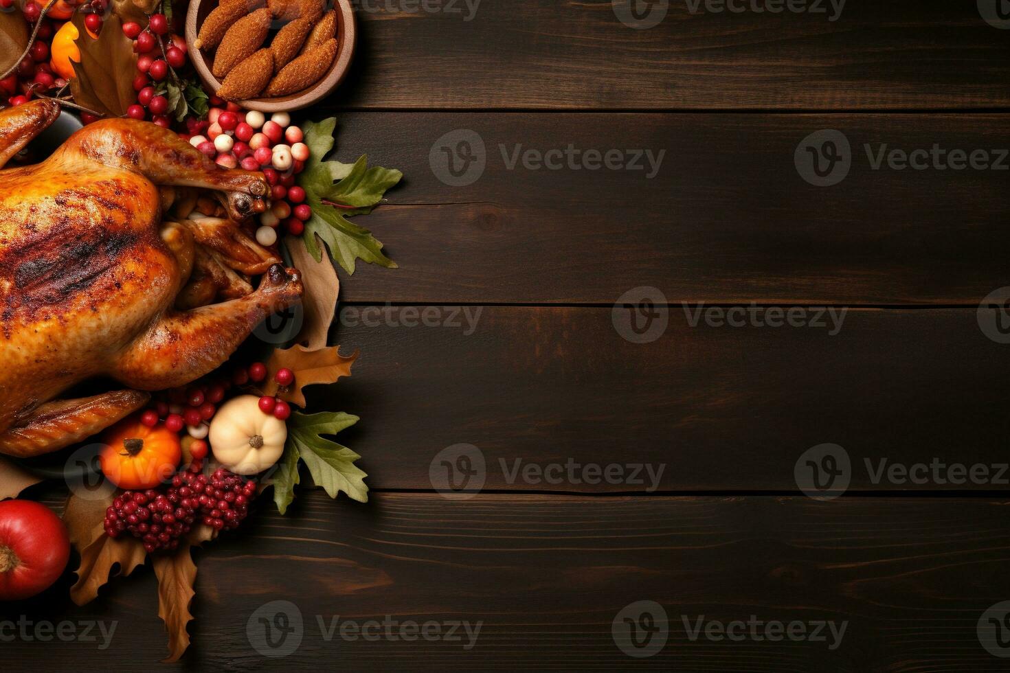 AI generated Thanksgiving day background with roasted turkey, fruits and spices photo