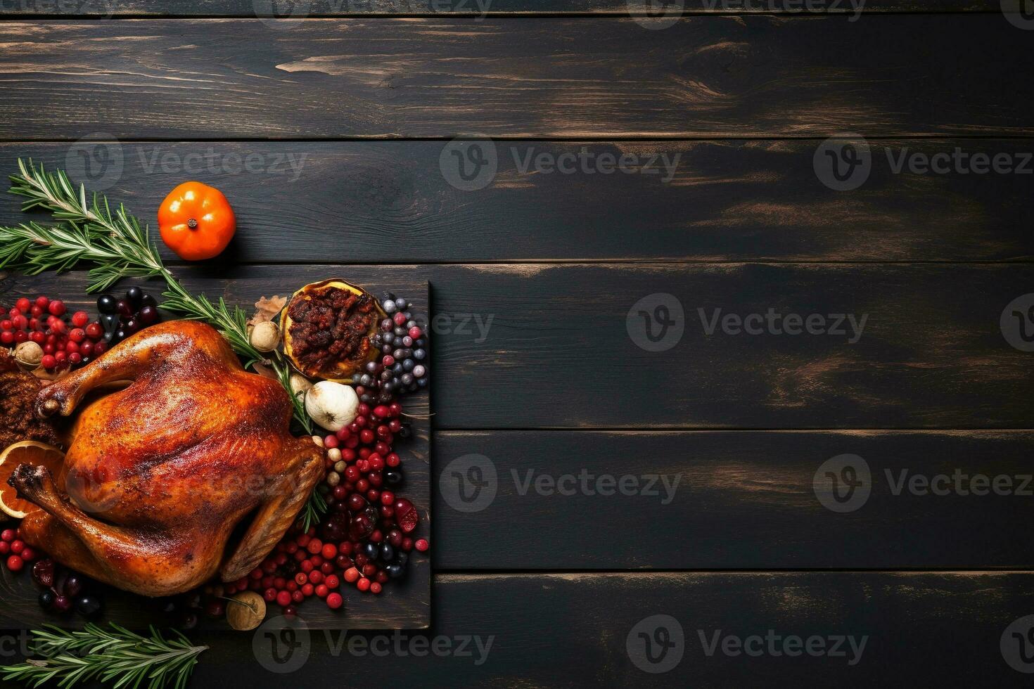 AI generated Thanksgiving day background with roasted turkey, fruits and spices photo