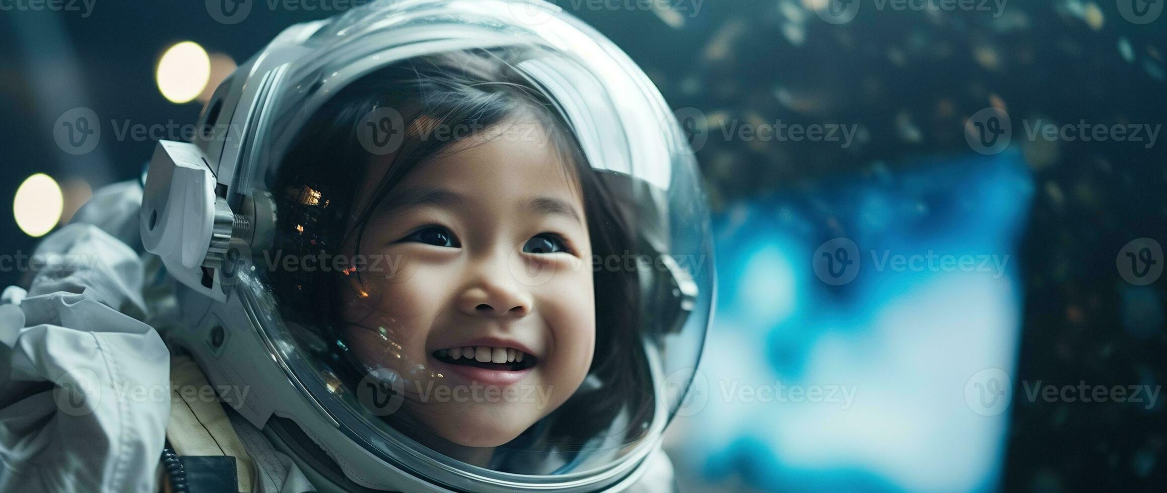 AI generated Portrait of a cute asian little girl wearing astronaut costume and smiling in space photo