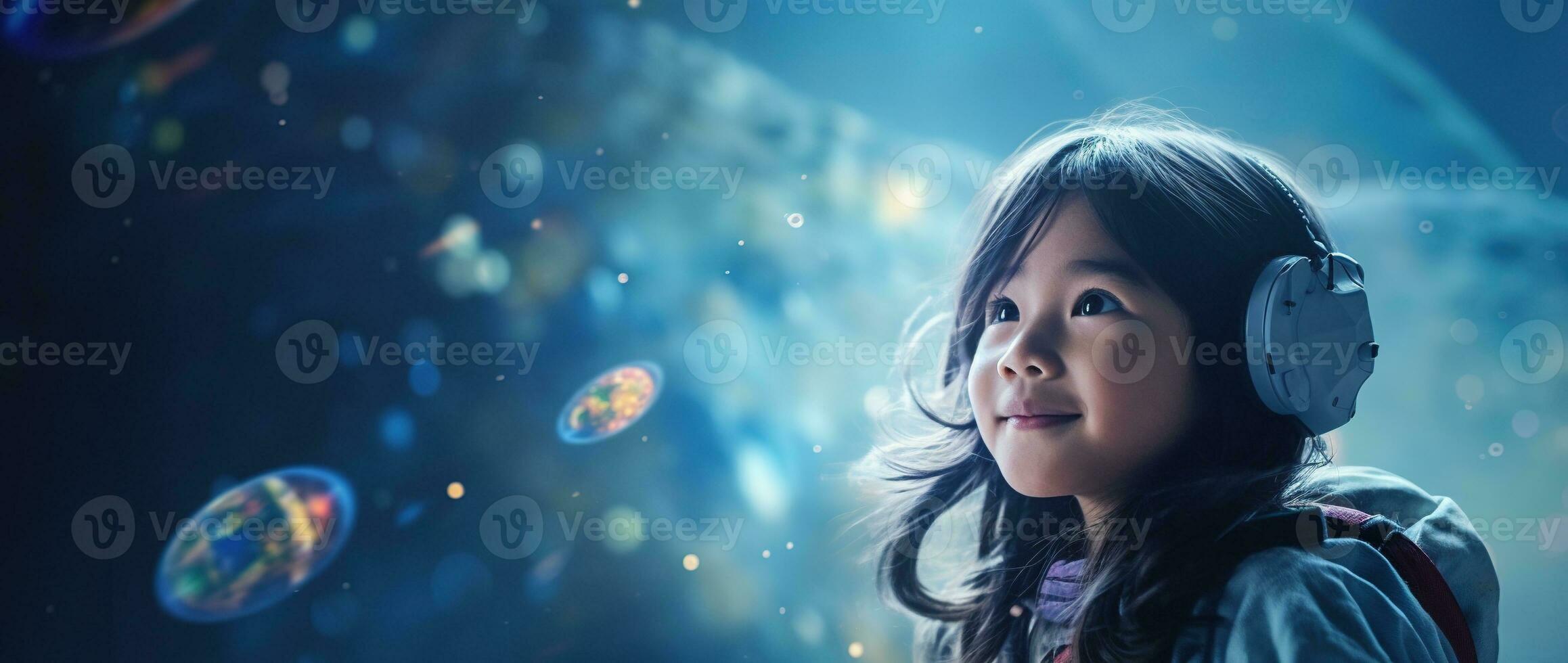 AI generated Portrait of a cute asian little girl wearing astronaut costume and smiling in space photo