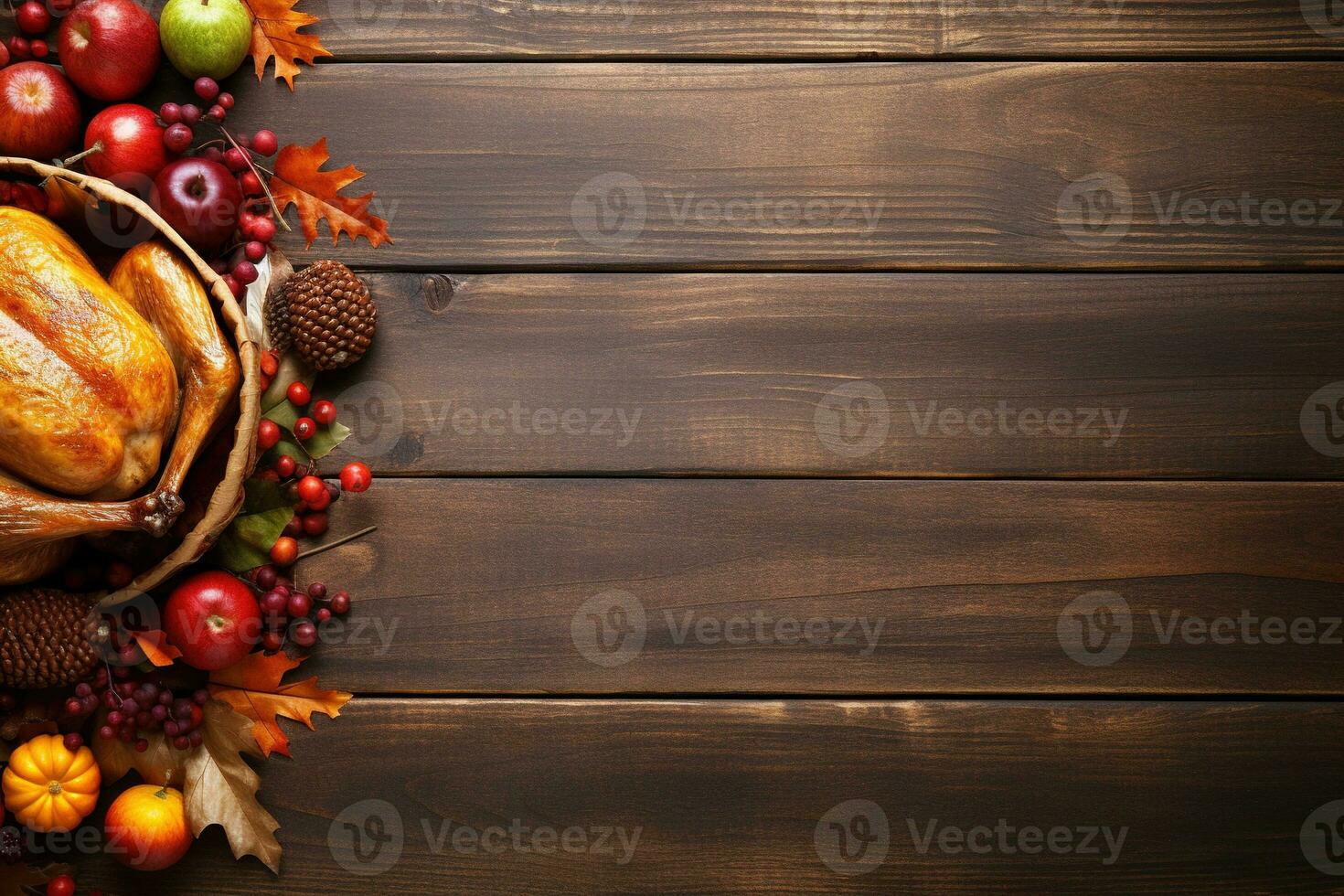 AI generated Thanksgiving day background with roasted turkey, fruits and spices photo