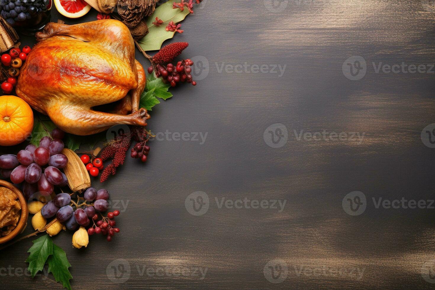 AI generated Thanksgiving day background with roasted turkey, fruits and spices photo