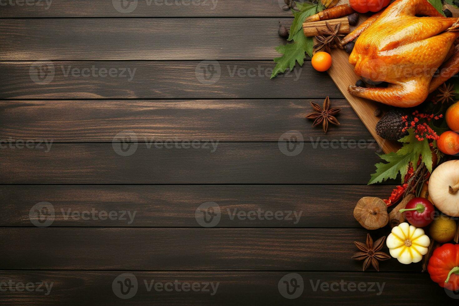 AI generated Thanksgiving day background with roasted turkey, fruits and spices photo