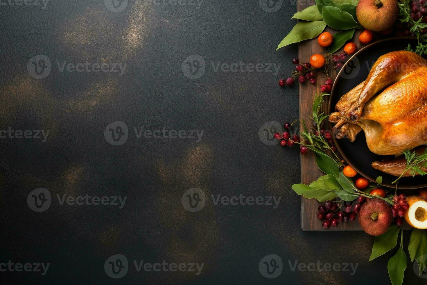 AI generated Thanksgiving day background with roasted turkey, fruits and spices photo