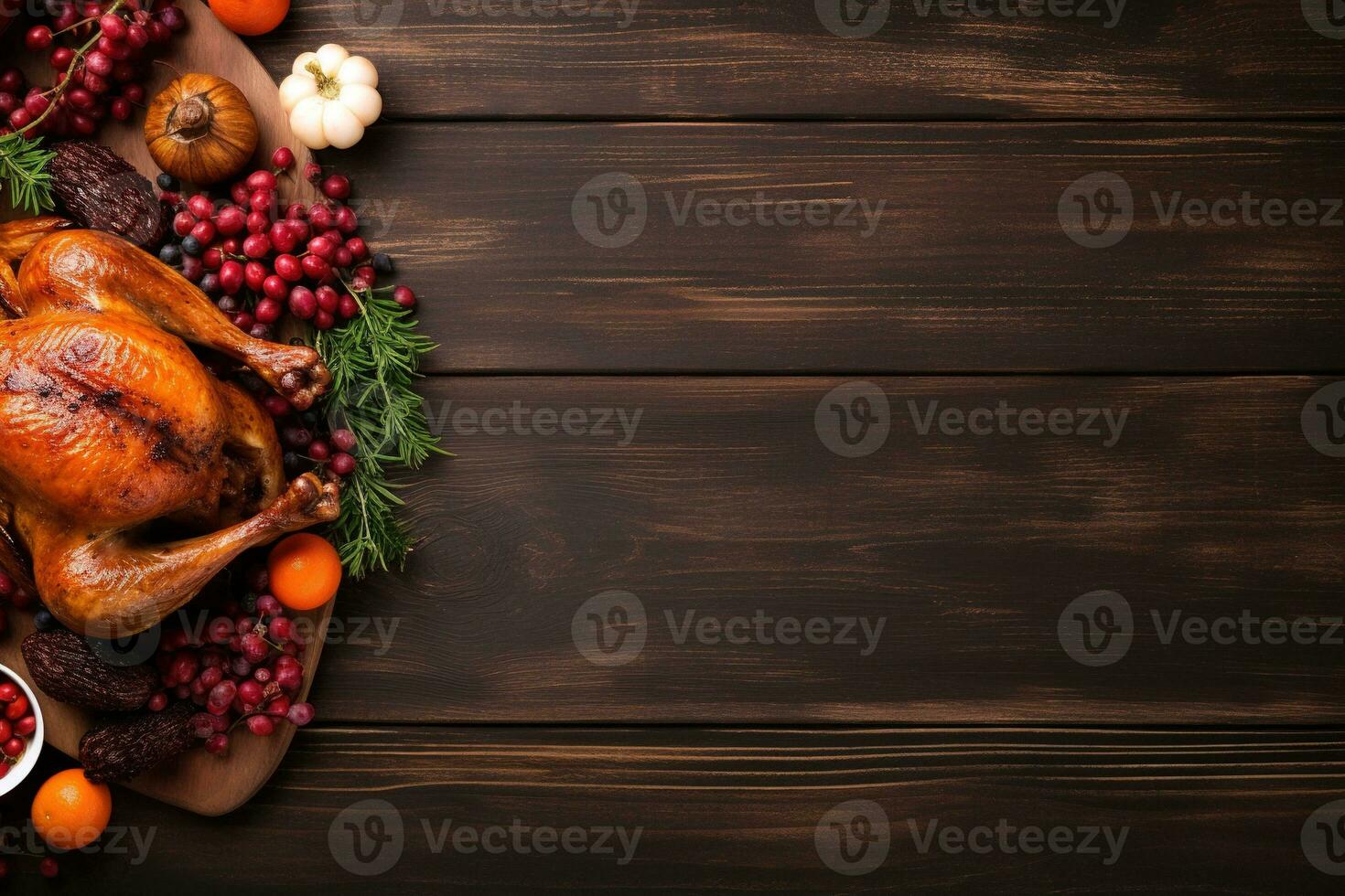 AI generated Thanksgiving day background with roasted turkey, fruits and spices photo