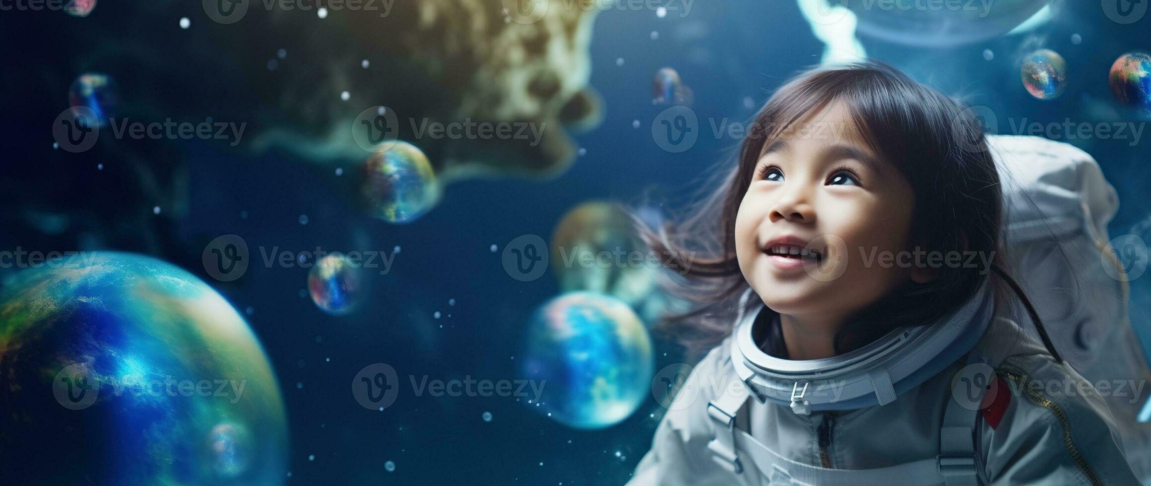 AI generated Portrait of a cute asian little girl wearing astronaut costume and smiling in space photo