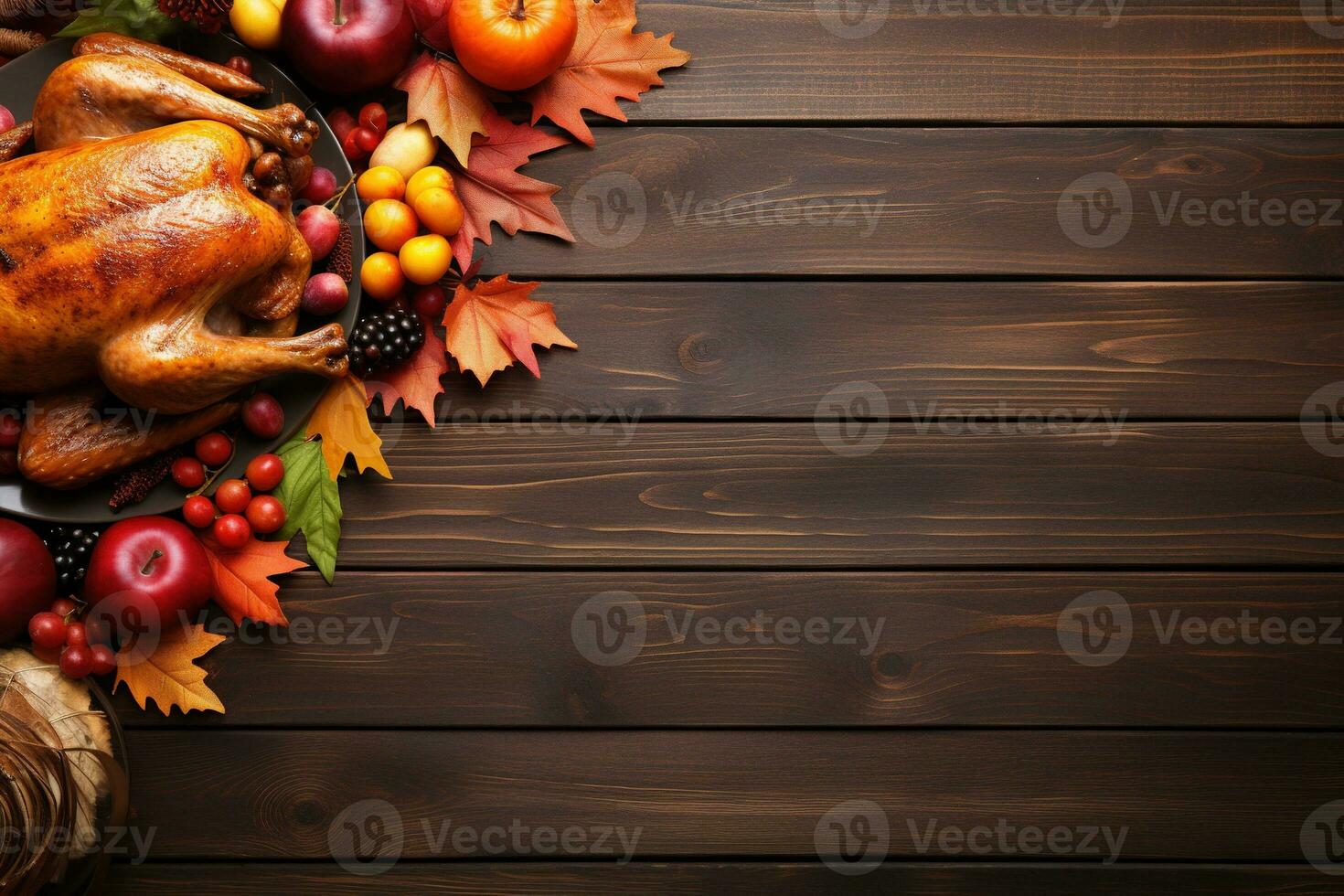AI generated Thanksgiving day background with roasted turkey, fruits and spices photo