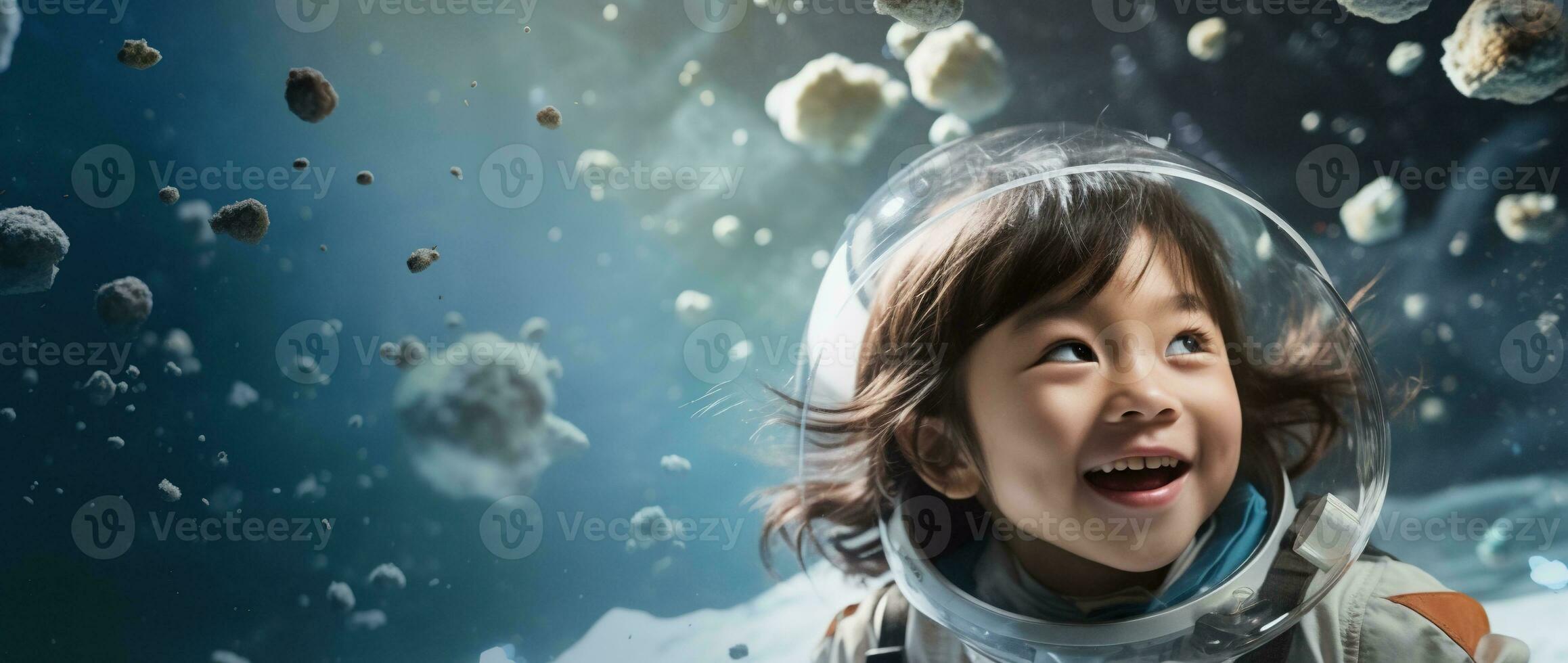 AI generated Portrait of a cute asian little girl wearing astronaut costume and smiling in space photo