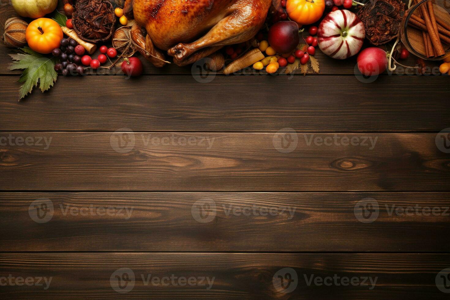 AI generated Thanksgiving day background with roasted turkey, fruits and spices photo