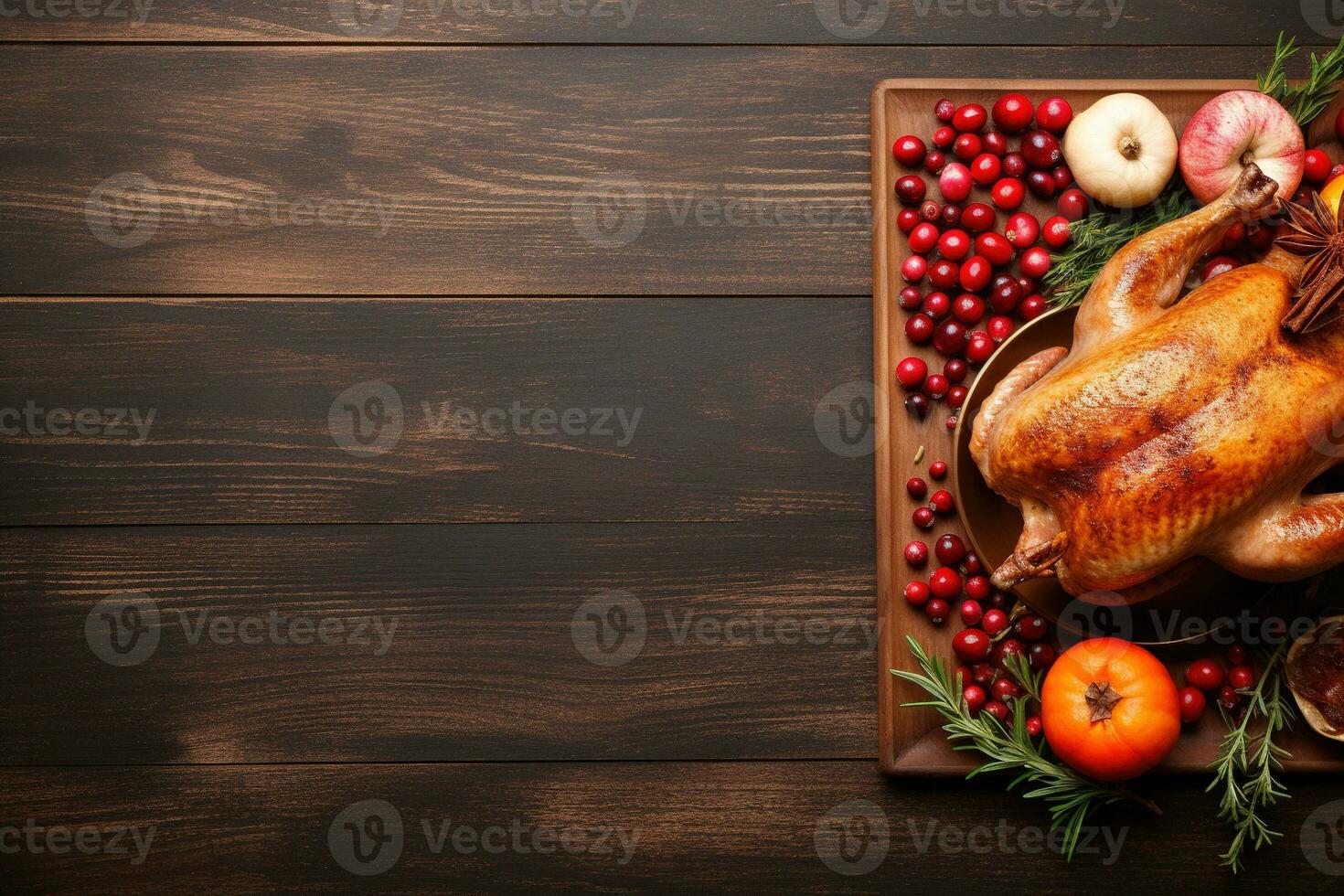 AI generated Thanksgiving day background with roasted turkey, fruits and spices photo