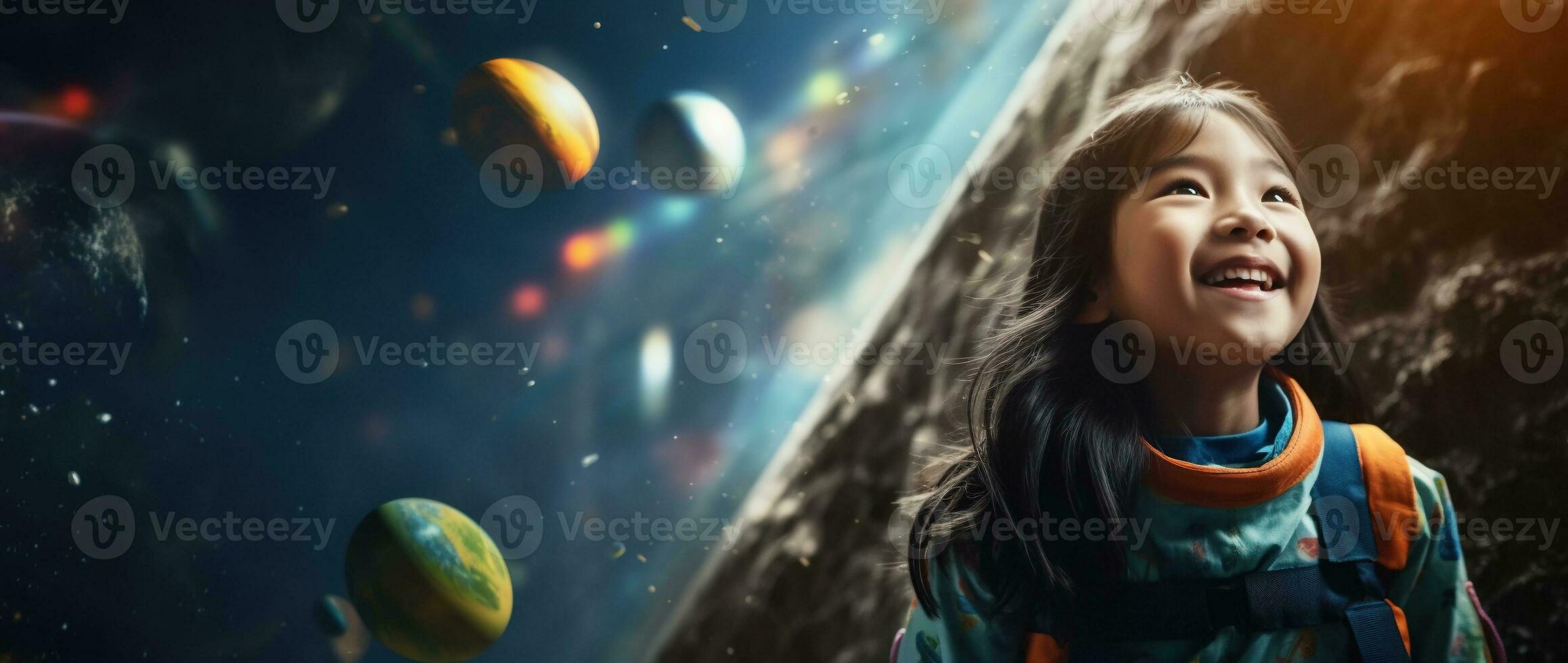 AI generated Portrait of a cute asian little girl wearing astronaut costume and smiling in space photo