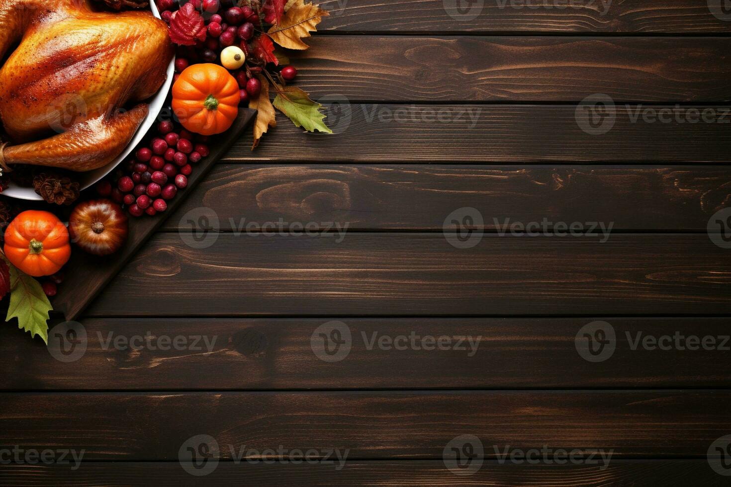 AI generated Thanksgiving day background with roasted turkey, fruits and spices photo