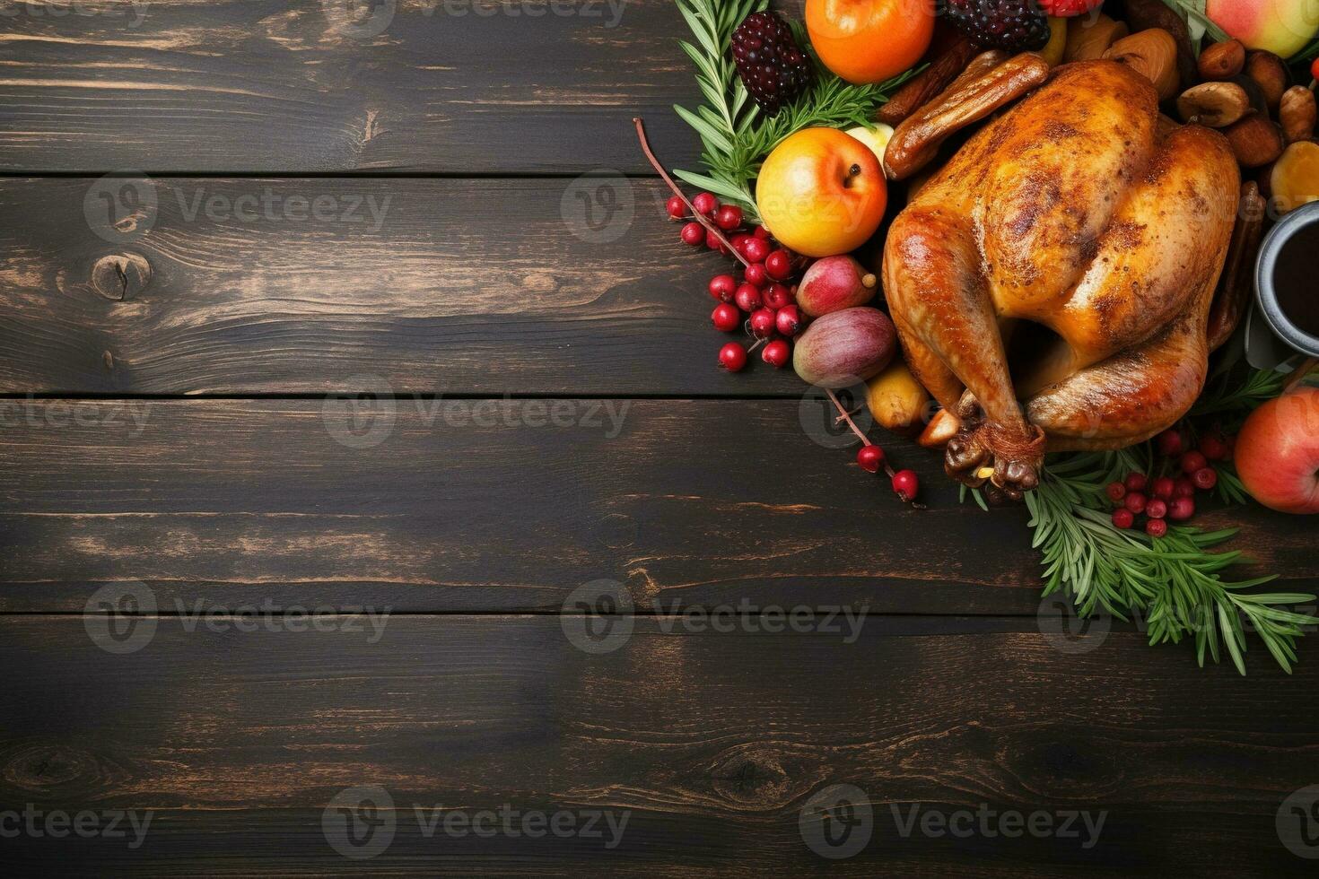 AI generated Thanksgiving day background with roasted turkey, fruits and spices photo